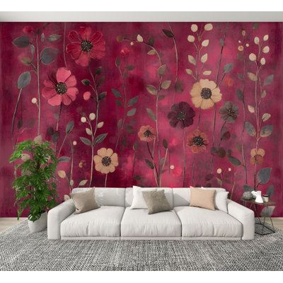 Peel and Stick Wallpaper Red Floral Burgundy Leaf Vintage Boho Flower Colorful Flowers Delicate Wall Murals 100"H x 144"W Removable PVC Wall Paper Self-Adhesive Wall Paintings Art Decor for Bedroom Living Room