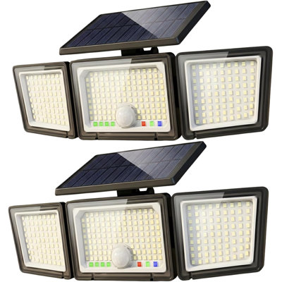 Capteur de mouvement solaire 3500LM, 286 Leds avec niveau de batterie et affichage de mode, 3 modes d'éclairage, IP65 imperméable à 3 têtes grand angle pour garage, cour, patio (paquet de 2)