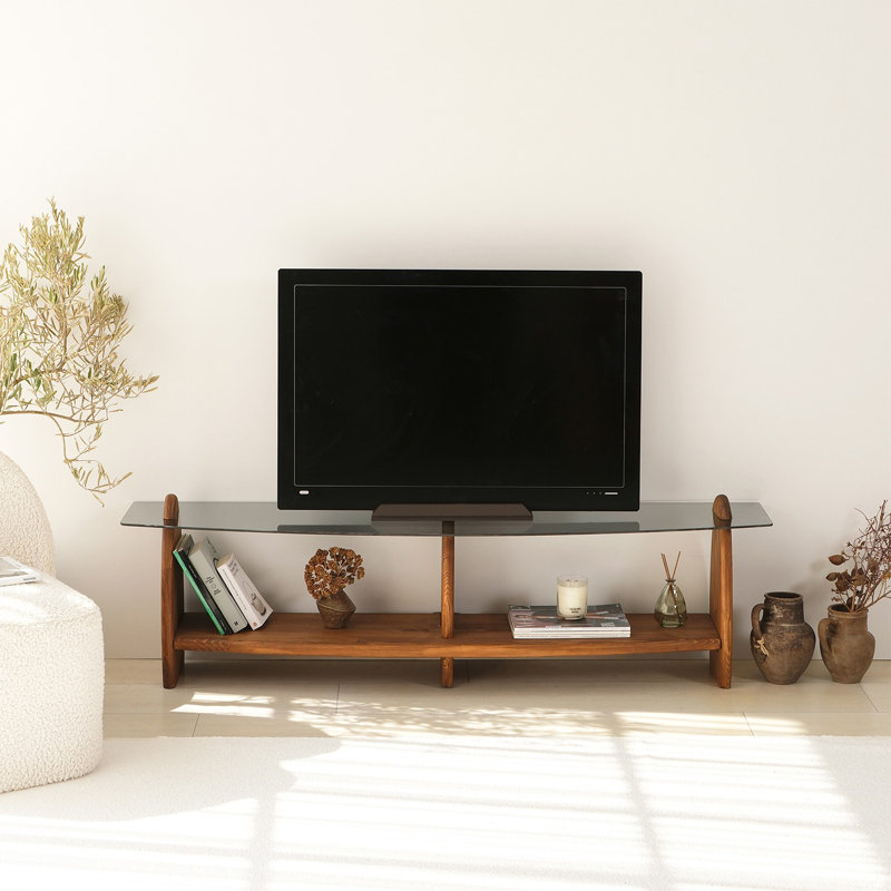 Meuble télé moderne avec cadre 100% verre trempé et 100% bois de pin massif, 63,0 x 17,7 x 13,8 pouces | Couleurs châtaignier et fumées élégantes | Parfait pour les salons et les espaces de divertissement, conception élégante et durable