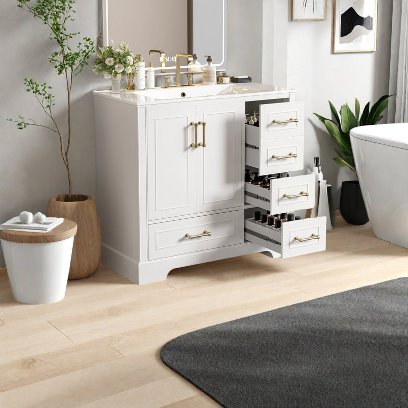 Meuble-lavabo traditionnel 36 po avec lavabo en céramique, armoire de salle de bain avec deux portes à fermeture douce, Blanc
