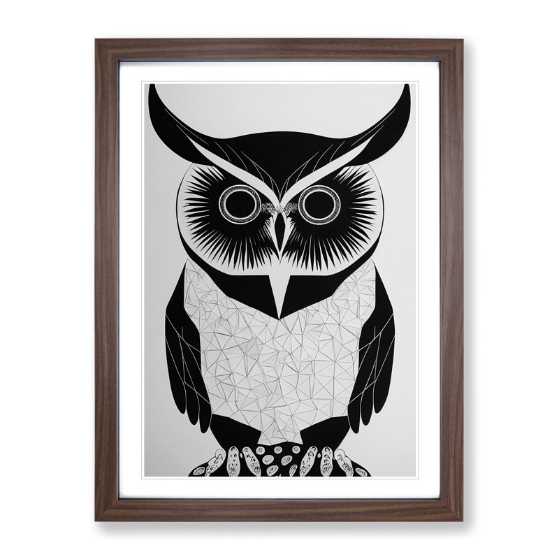 Owl Monochrome No.2 1 Piece Single Picture Frame Painting, 34cm H x 25cm W x 2cm D, Walnut