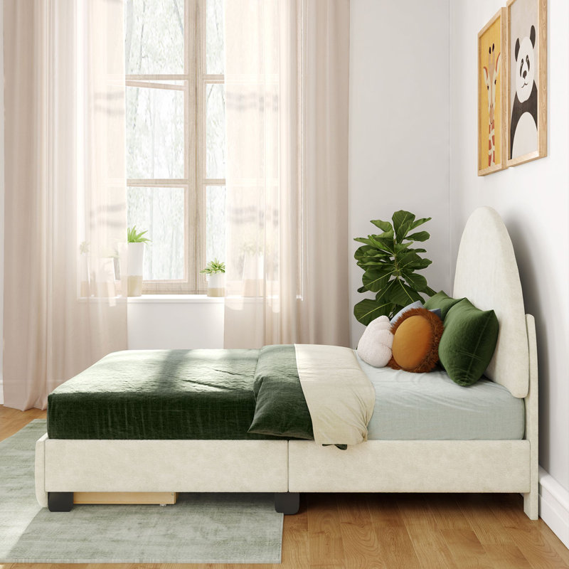 Avaah Solid Wood Panel Bed with Arch Headboard with 1 Drawer End Storage, Full, White