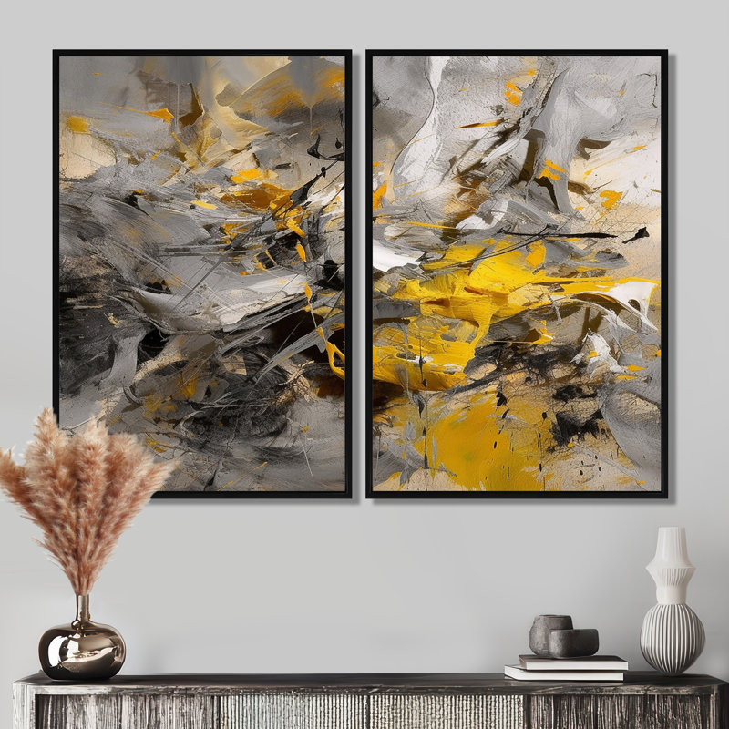 Moutarde jaune et gris vif III - noir, reproduction d'art moderne sur toile, 36" H x 48" W, Impression encadrée flottante