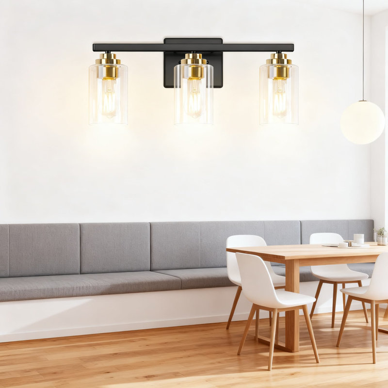 3-Light Vanity Light Fixture, Modern Black & Gold Wall Sconce With Clear Glass Shades, All-Metal Construction For Bathroom Mirror, Bedroom, Living Room, And Porch Installation
