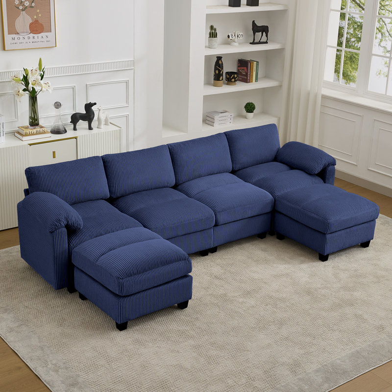 6-Seater Modular Sectional Sofa With 2 Ottomans, Blue Chenille