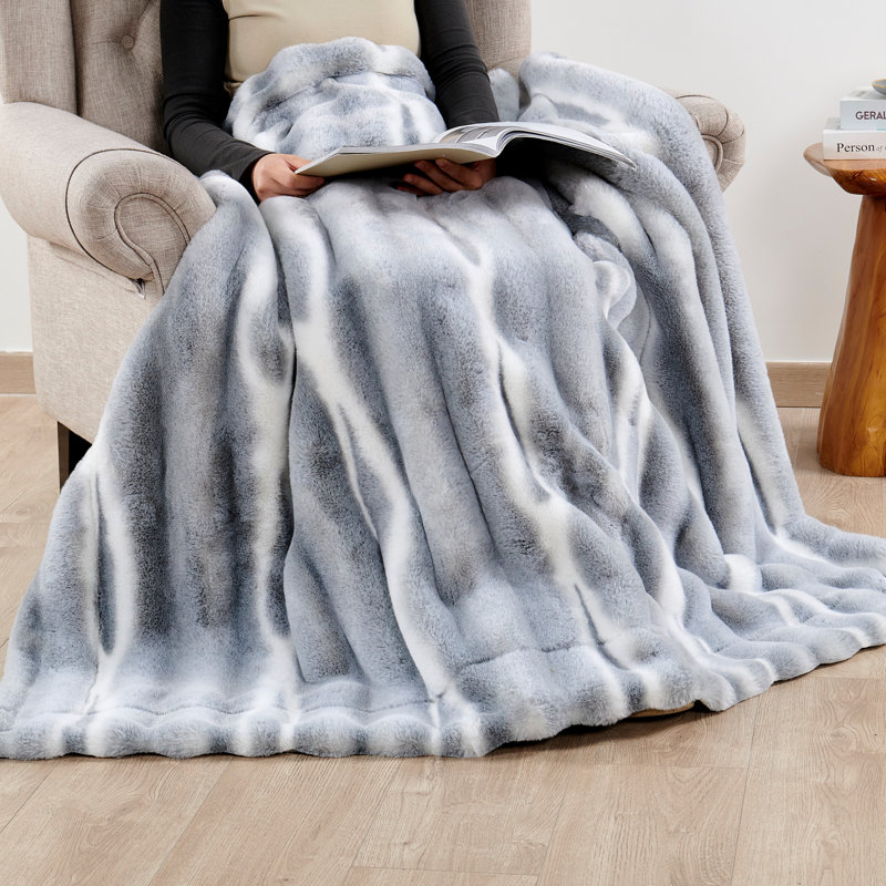 Luxurious Blue and White Faux Fur Reversible Throw Blanket