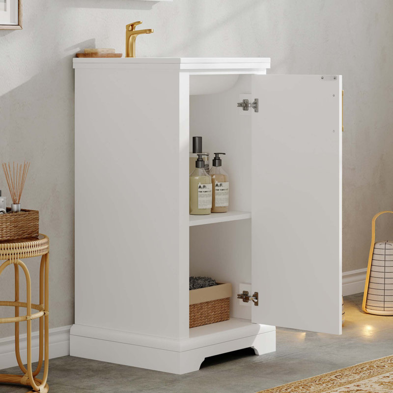 Meuble-lavabo de 16 po avec lavabo en céramique, ensemble de meuble-lavabo simple autoportant avec porte à fermeture douce et tablette réglable