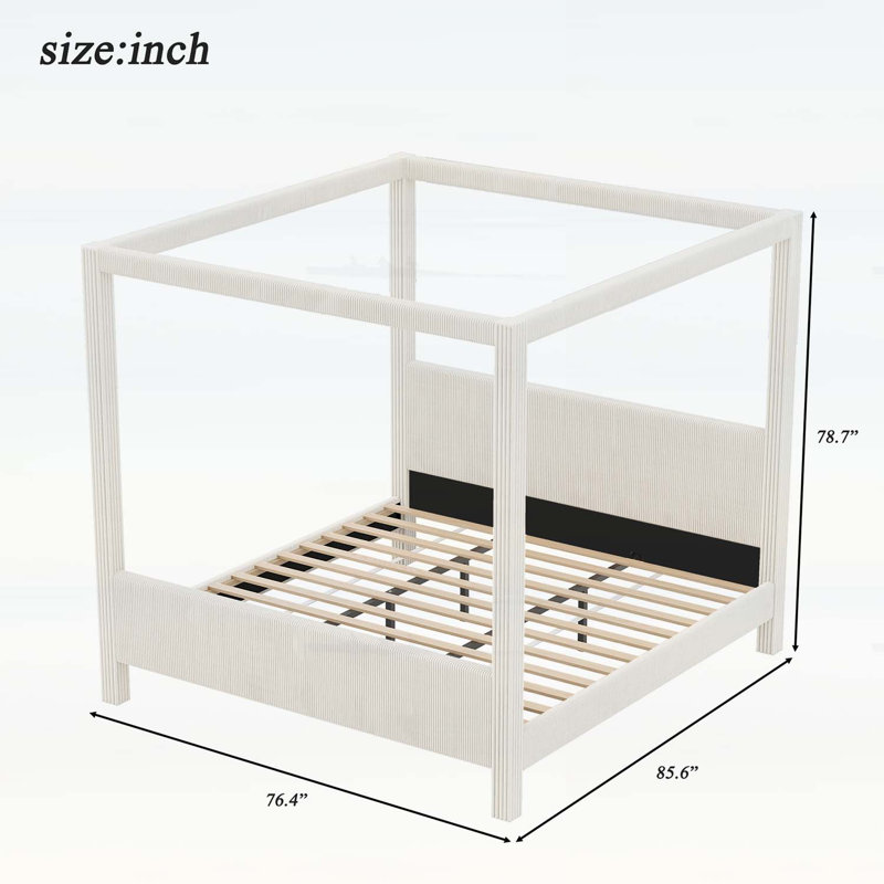 Très grand lit plateforme à baldaquin tapissier avec velours côtelé vertical, tête de lit haute rembourrée et base en lattes de bois robuste, beige