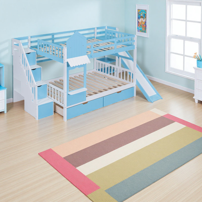 Full-Over-Full Castle Style Bunk Bed With 2 Drawers 3 Shelves And Slide, Blue