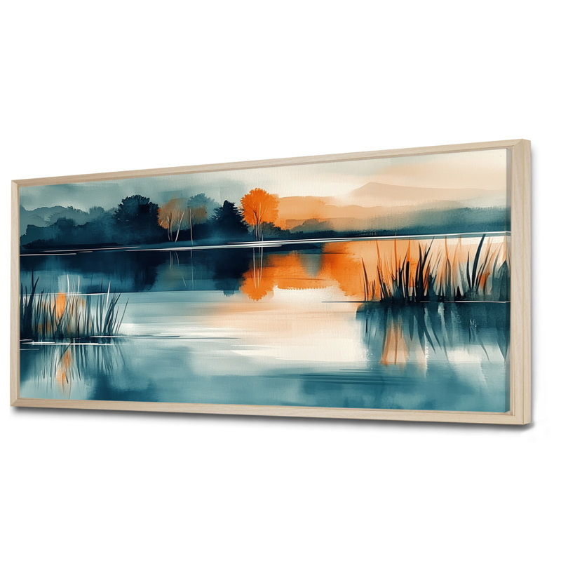 «Blue Orange Sunset Lake Simplicity - Blue Serene Wall Decor, Nature», impressions encadrées, H 24 po x l 32 po