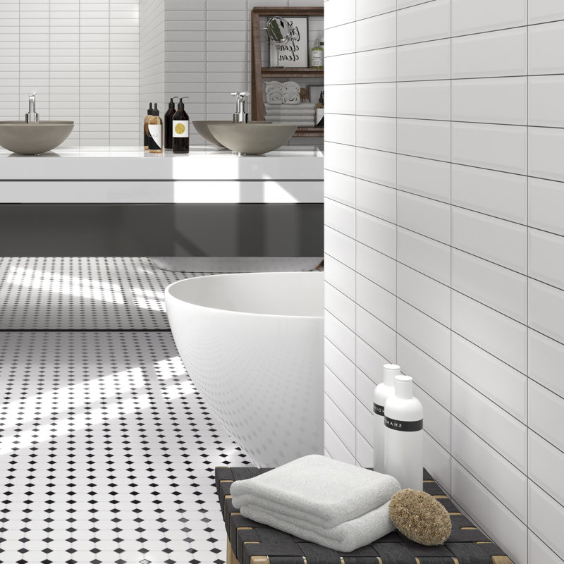 14.7 x 14.7 cm Beveled Porcelain Tile, Black/White