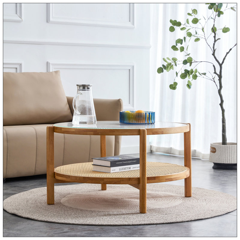Table d'appoint moderne et simple en bois massif à double couche circulaire en bois massif de rotin pour table basse, idéale pour le salon, la salle à manger et la chambre à coucher