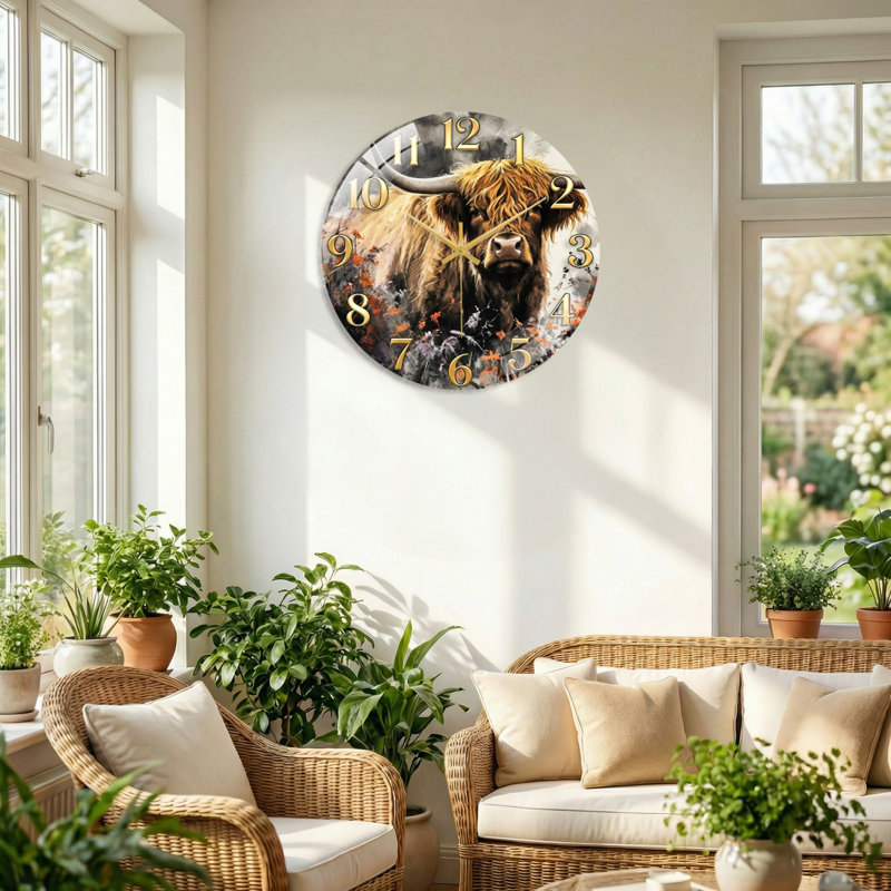 Horloge murale en verre Highland Cow, 40 x 40 cm (15,7 x 15,7 pouces)