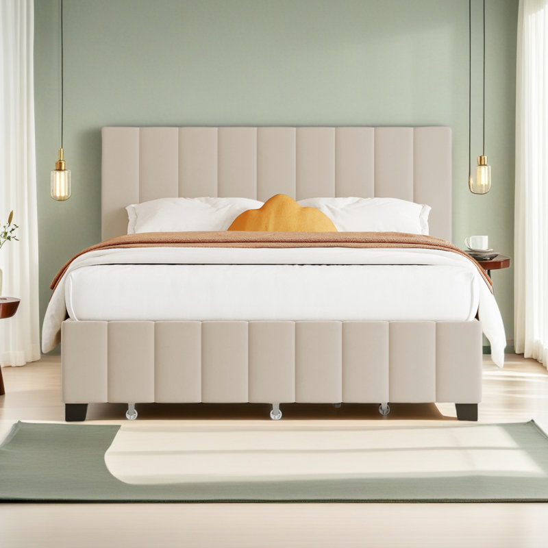 Grand lit plateforme tapissier en velours avec 2 tiroirs et 1 lit gigogne simple TG, Beige