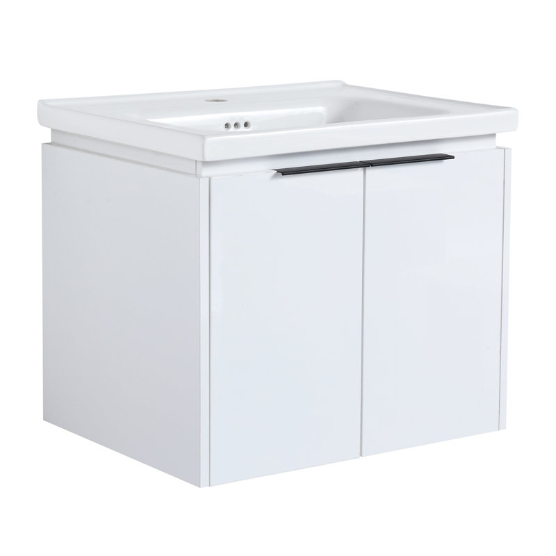 Meuble-lavabo luxueux avec portes à fermeture douce et deux petites tablettes de rangement, offrant commodité et style.