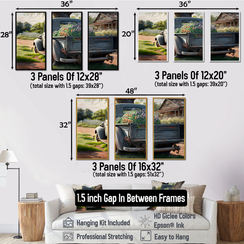 Grange, livraison de camion IV, ensemble d'art mural sur toile, H 32 po x l 48 po x P 1 po, Encadrement doré