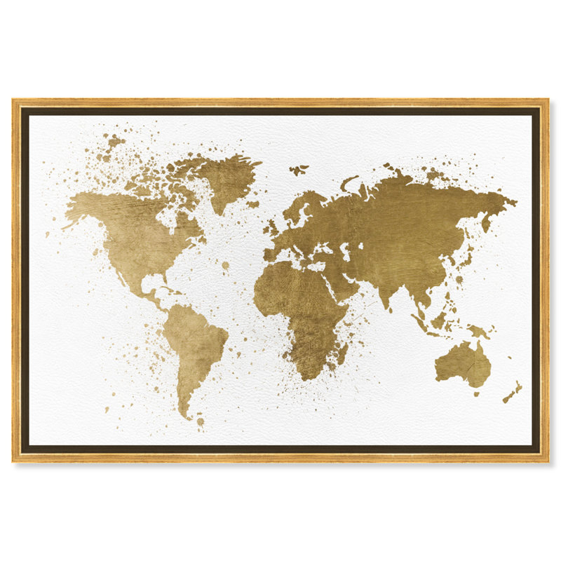Carte du monde dorée, cuir, Continents métalliques, éclaboussures, blanc moderne - impression, Cadre flottant doré