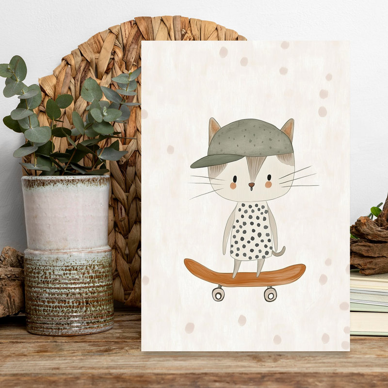 Cool Cat Skater Playful Whimsical Contemporary Cat Wall Art Print 1 Piece Wrapped Canvas Wall Art, 45.72cm H x 30.48cm W