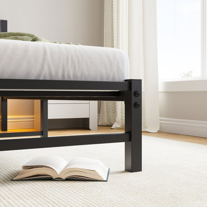 Twin Size Bed Frame Heavy Duty Platform Bed Frame With Headboard, USB Charging Station, LED Bed, No Box Spring Needed, Mattress Foundation, Strong Steel Slats