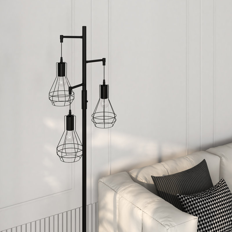 Asiel 65'' Dimmable Black Industrial Tree Floor Lamp with 3 Bulbs Included