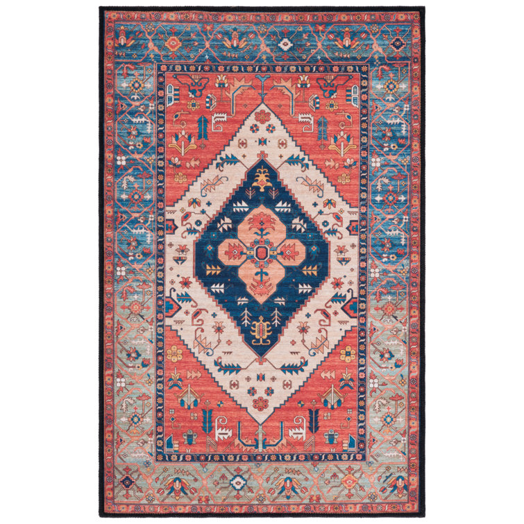 Tucson Heirloom Machine Washable Non-Slip Area Rug In Rust & Blue