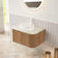 Meuble-lavabo de salle de bain 30 po Dina, armoire de rangement rayée à bords arrondis avec tiroir, lavabo en verre rond transparent et plateau en pierre frittée à motif de travertin, pré-assemblé, couleur grain de bois naturel