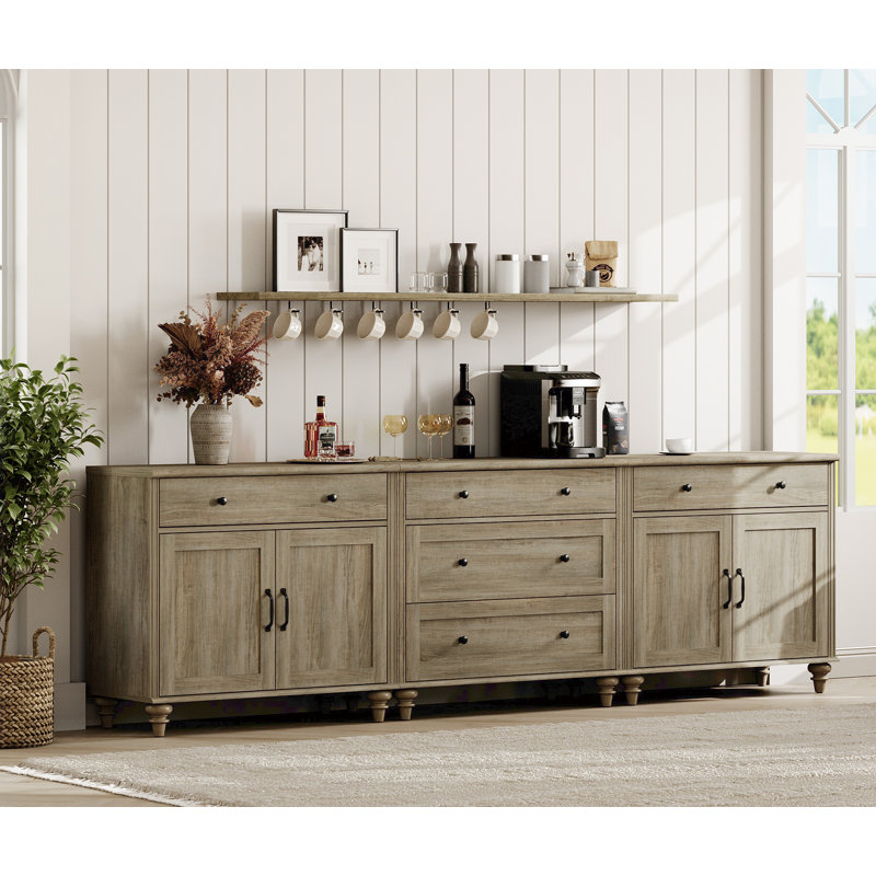 Scarlett Sideboard Cabinet With 5 Drawers And 4 Doors, Vintage Wood Grain Design, Buffet Cabinet With Storage, 101 Inch, Grey Wash