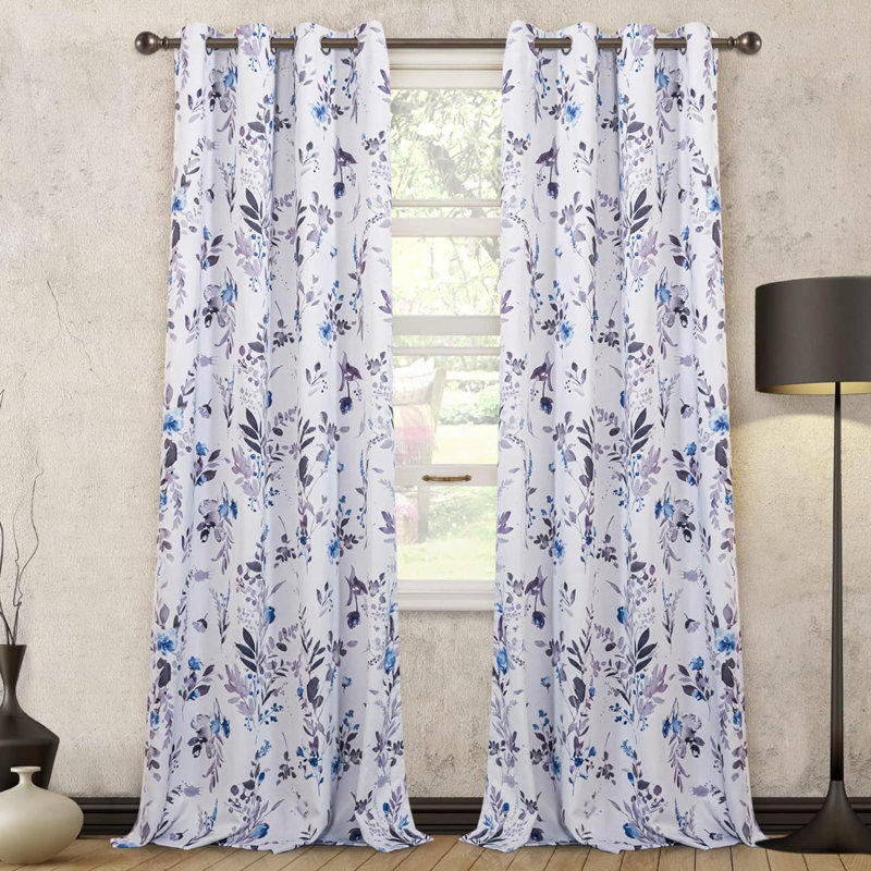 Curtains For Living Room Floral Thermal Insulated Light Blocking Grommet Drapes 2 Panels, Blue/Gray