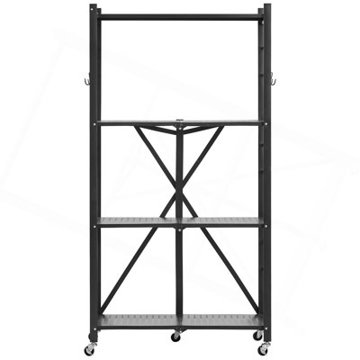 Tablette de rangement pliable à 4 niveaux, étagère pliante en métal de l 28 po x P 13 po x H 54 po, tablette de rangement sans assemblage avec 5 roues et 4 crochets pour le garde-manger, la cuisine, le garage et le sous-sol