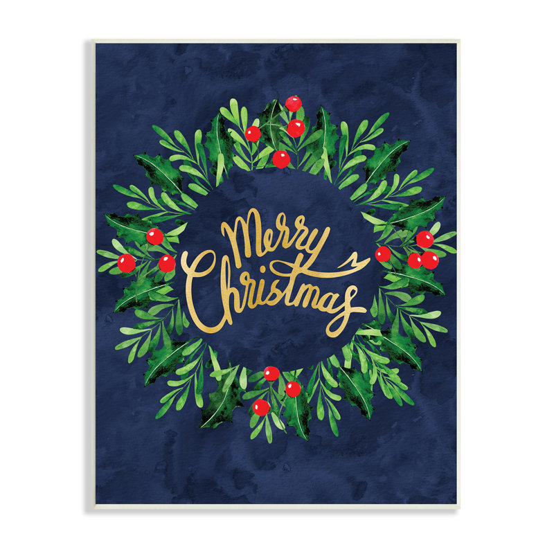 Couronne festive de houx rouge ludique «Joyeux Noël» par Linda Birtel - Impression sur toile, H 19 po x l 13 po