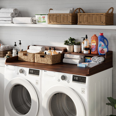 Washer Dryer Countertop, Laundry Wood 2 Tier Shelves Topper With Edge, 54" W X 26.7" D Cover Guard Organizer For Washer And Dryer Laundry Hamper Counter Storage Organization Brown
