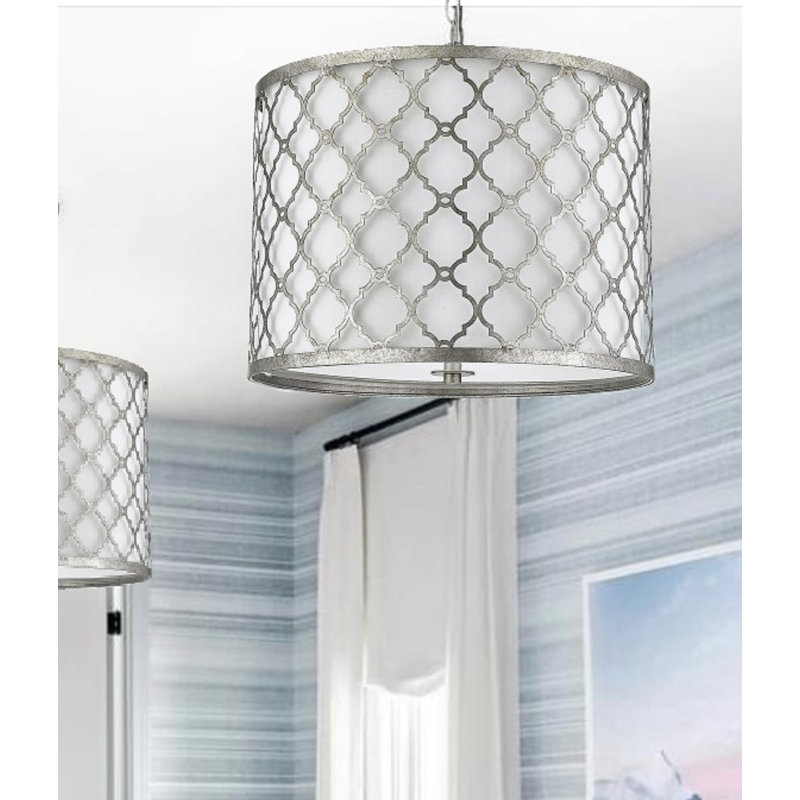 Luminaire suspendu tambour unique à 3 lumières Geib, Argent antique