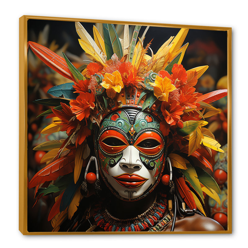 Danse des masques d'Afrique II - décoration murale masque africain, H 16 po x l 16 po x P 1 po, Cadre flottant doré