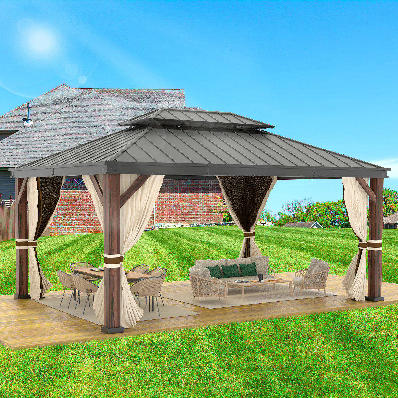 olilawn 12 Ft. W x 16 Ft. D Aluminum Patio Gazebo with Wood Finish ...