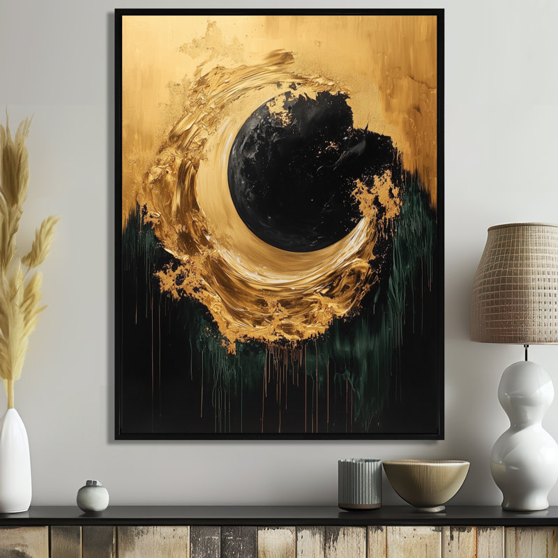 «Black Gold Modern Eclipse Moon», reproduction sur toile encadrée moderne, Noir, Reproduction avec cadre flottant