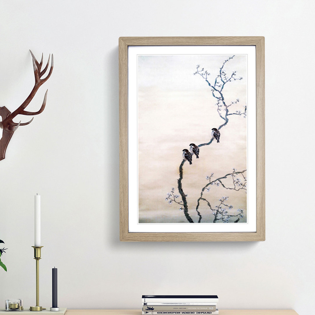 Three Birds on a Branch by Hishida Shunso - Framed Print