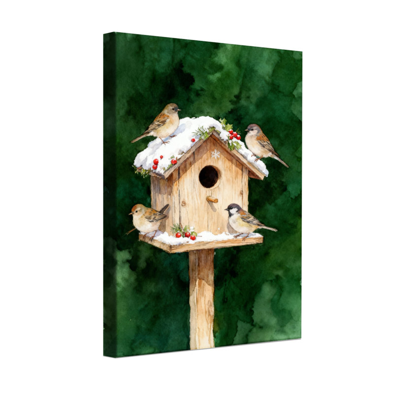 Oiseaux de Noël sur une mangeoire enneigée avec des baies, H 18 po x l 12 po