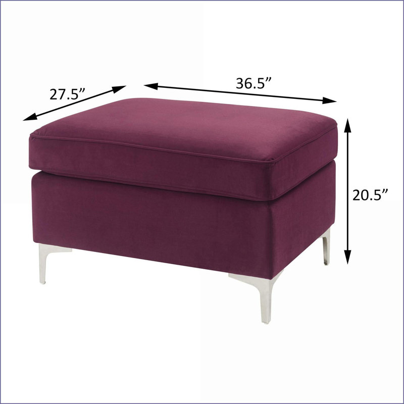 Ottoman, Burgundy Red Rectangle with Faux Fur Pillows | Brushed Silver | Matte Silver, Purple Fabric