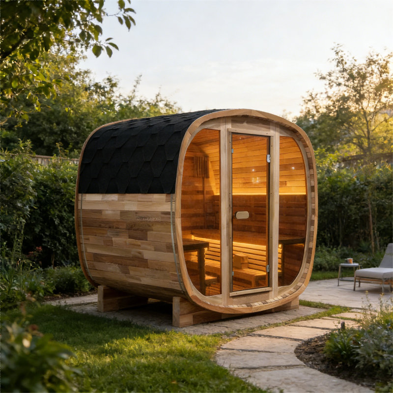4-6 Person Outdoor Square Traditional Steam Sauna, Tinted Glass And Red Cedar Solid Wood