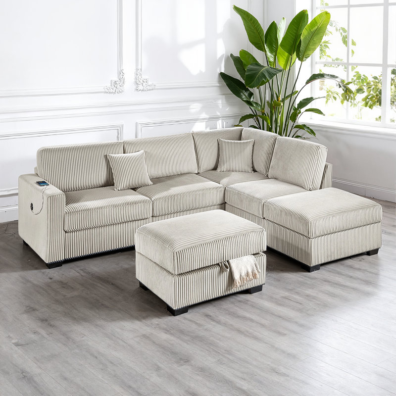 Canapé modulaire modulaire 3 pièces avec charge USB et repose-pieds avec rangement, Chameau