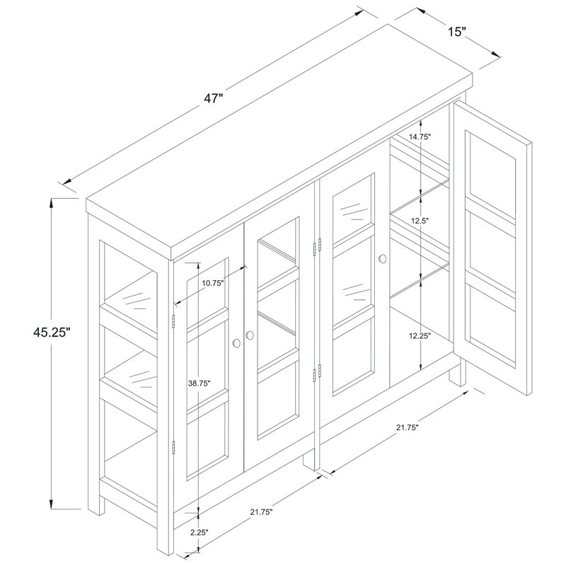 Vitrine de rangement à 4 portes, espace de vie principal, grand espace de rangement dissimulé, style transitionnel polyvalent, espace, 5 tablettes ou plus, + verre