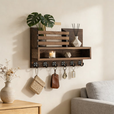 Wooden Wall Mount Key And Mail Holder With Storage Box And Hooks, Entryway Organizer For Keys, Coats, Leashes And Home Decor