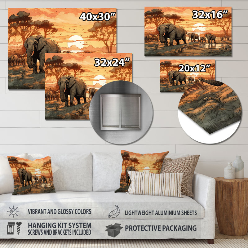 Safari africain avec des éléphants Roslin I, Rectangle H 30 po x l 40 po x P 1 po