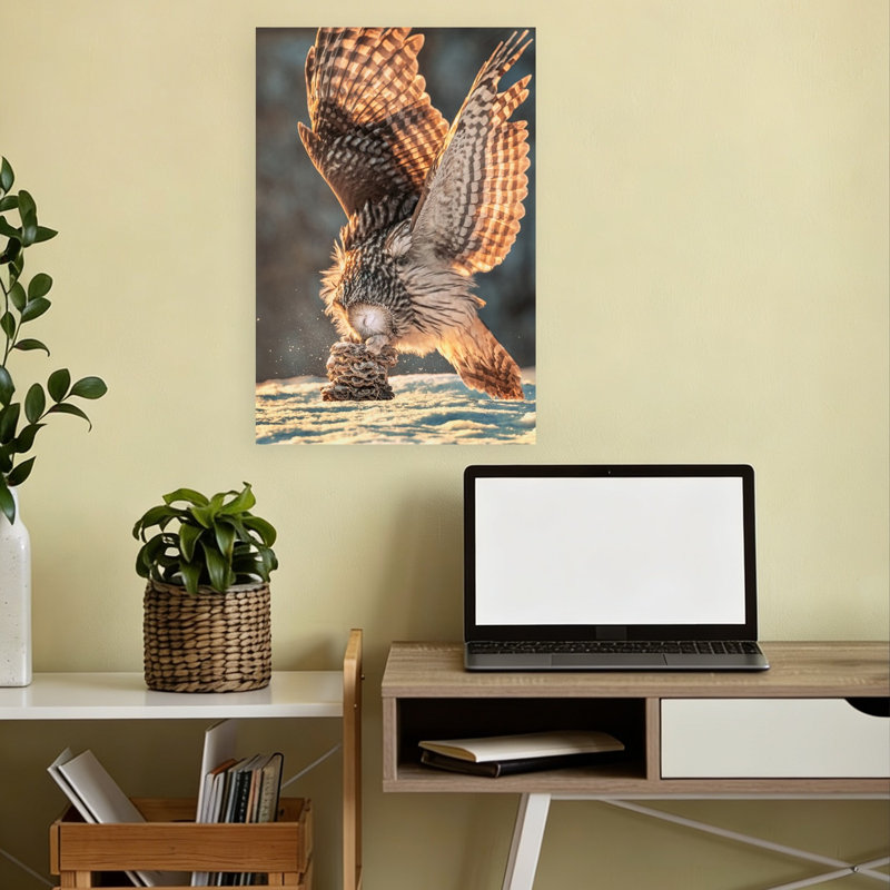 Golden Wings Winter Owl Abstract Contemporary Bird Owl Forest Landscape Wall Art Print 1 Piece Wrapped Canvas Wall Art