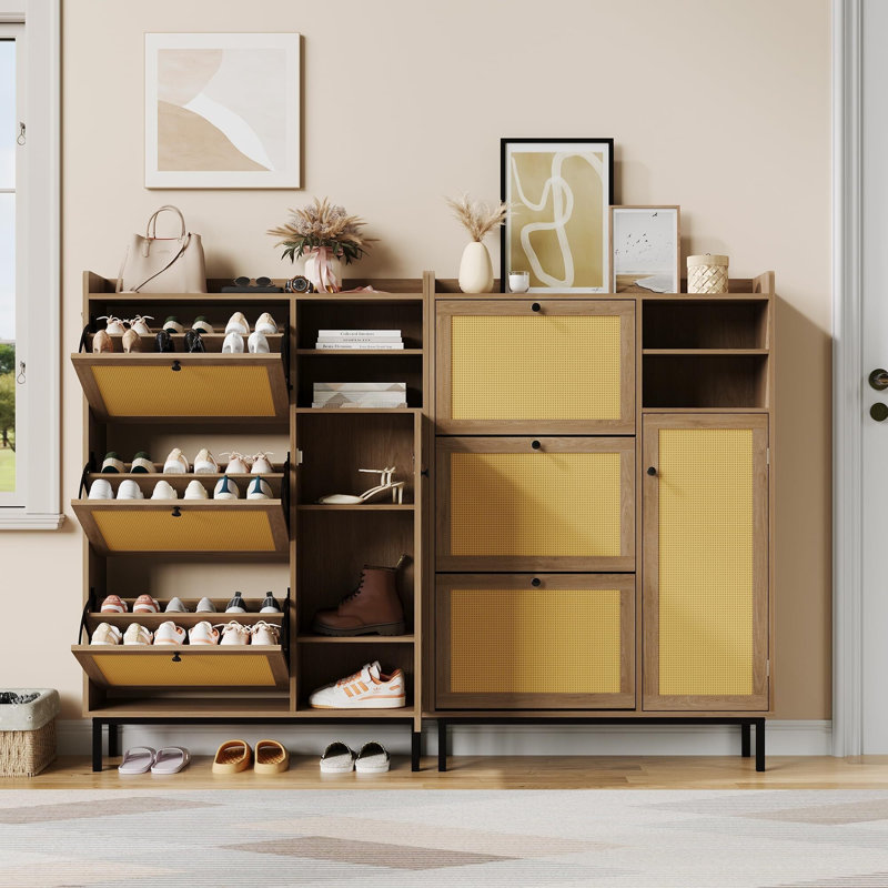 Rattan Flip-Drawer Shoe Cabinet, Narrow Entryway Storage Organizer with Adjustable Shelves, Beige