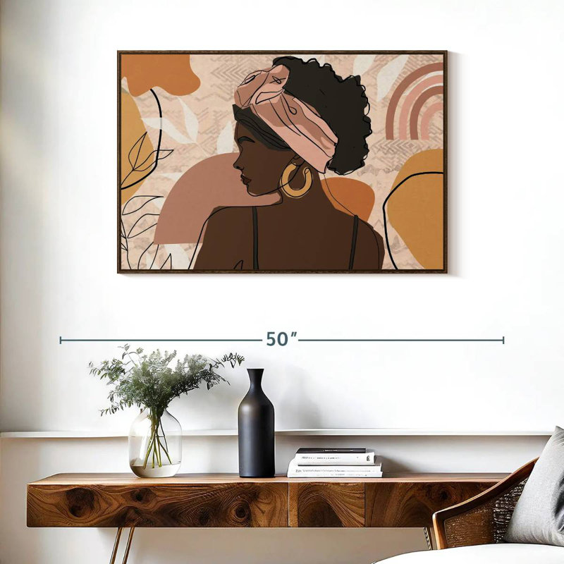 Boho, fille africaine, 37 po x 25 po, Cadre flottant noyer