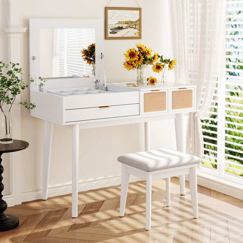 Ensemble coiffeuse 43,3 "en bois avec miroir rabattable et tabouret, coiffeuse avec trois tiroirs et espace de rangement
