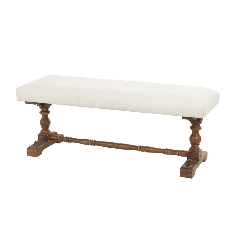 Fabric Cream Bench with Brown Turned Legs