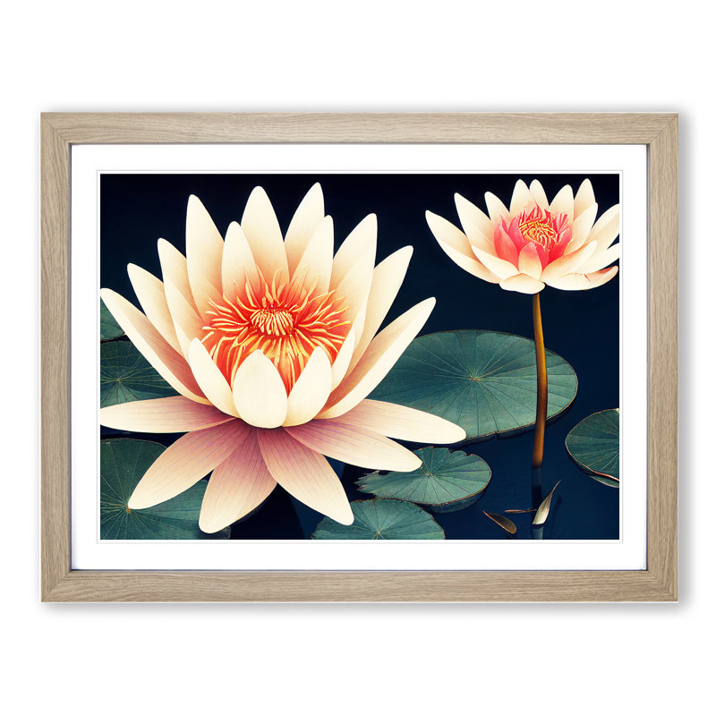 Mystical Water Lily Flowers 1 Piece Single Picture Frame Wall Art, 34cm H x 46cm W, Oak
