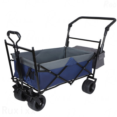 With Push Handle, 480Lbs Collapsible Wagon With Canopy, Wagon Cart With 7" All-Terrain Wheels, Lightweight Foldable Wagon, Large Capacity For Camping, Shopping, Sports, And Garden Use, Dark Blue